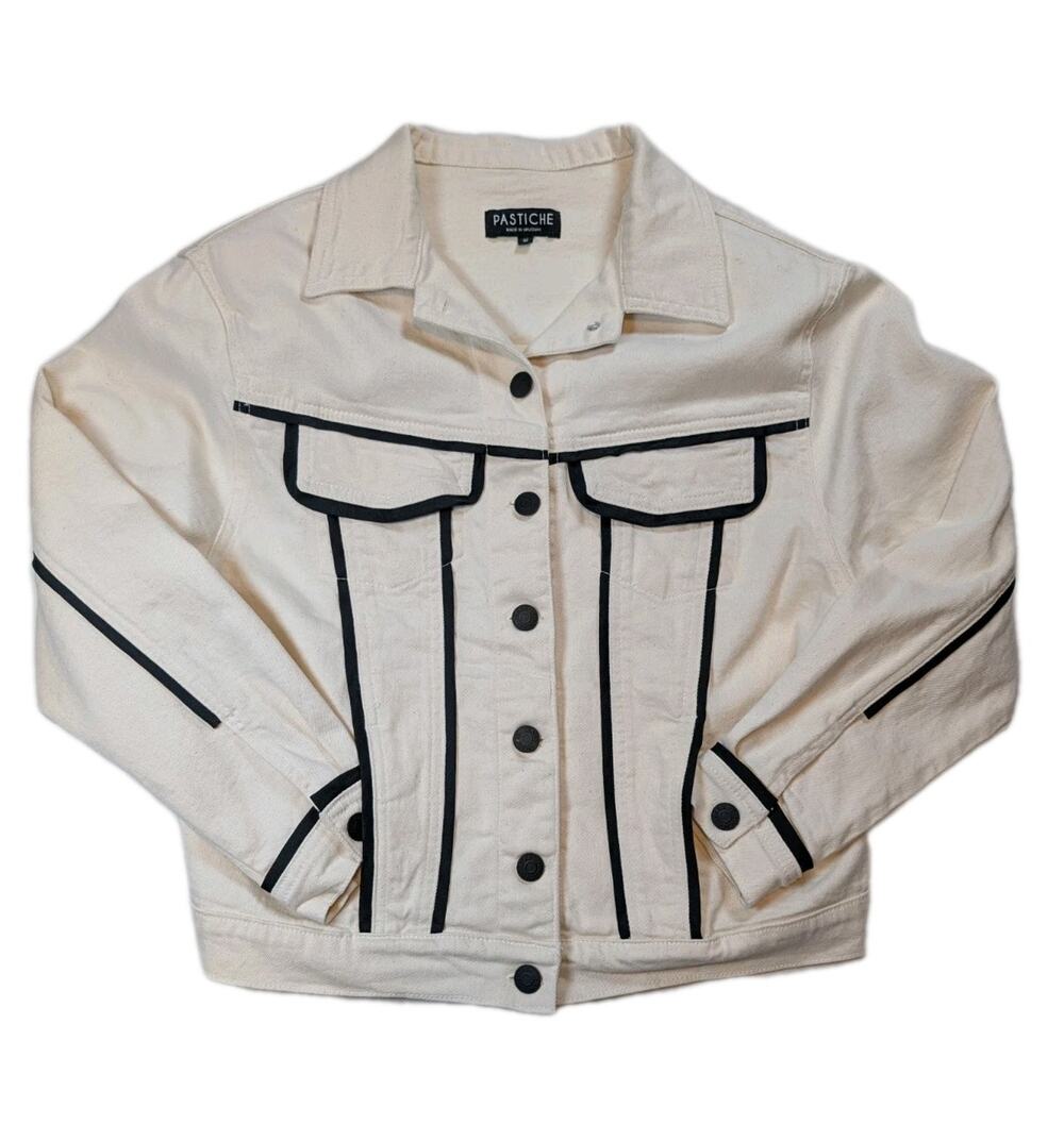 Pastiche Canvas Trucker Jacket Womens Small Ivory Cotton Contrast Utility
